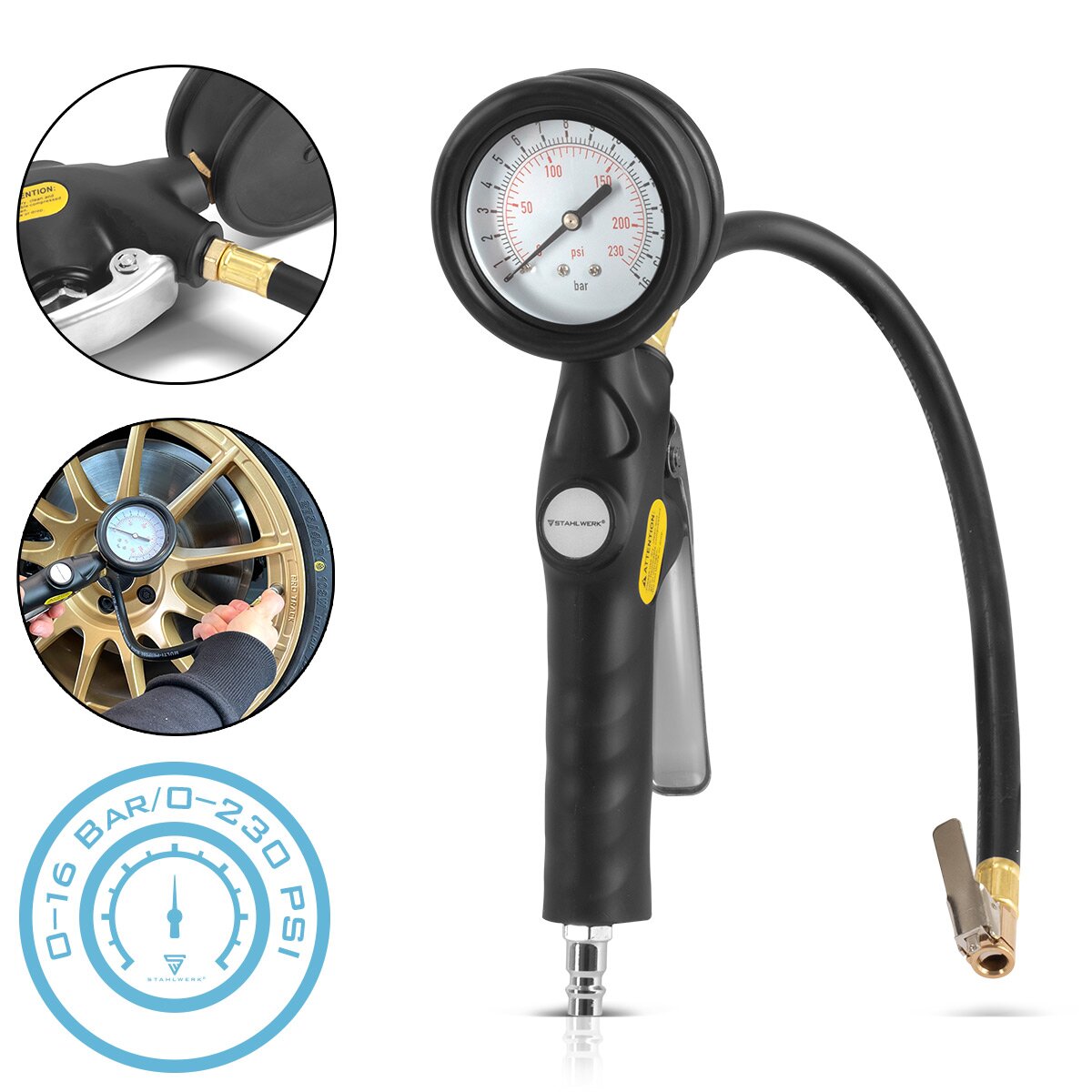 Pistolet de pneu à air comprimé Steelworks DRA-162 ST | Remplissage de pneus d'air comprimé avec gamme de mesure de manomètre | Testeur de pression des pneus 2 en 1 pour les voitures, camions, moto, vélo | Plage de mesure 0 à 16 bar / 0 à 230 psi