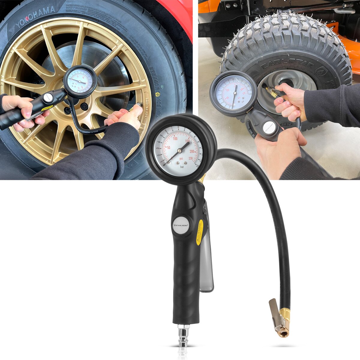 Pistolet de pneu à air comprimé Steelworks DRA-162 ST | Remplissage de pneus d'air comprimé avec gamme de mesure de manomètre | Testeur de pression des pneus 2 en 1 pour les voitures, camions, moto, vélo | Plage de mesure 0 à 16 bar / 0 à 230 psi