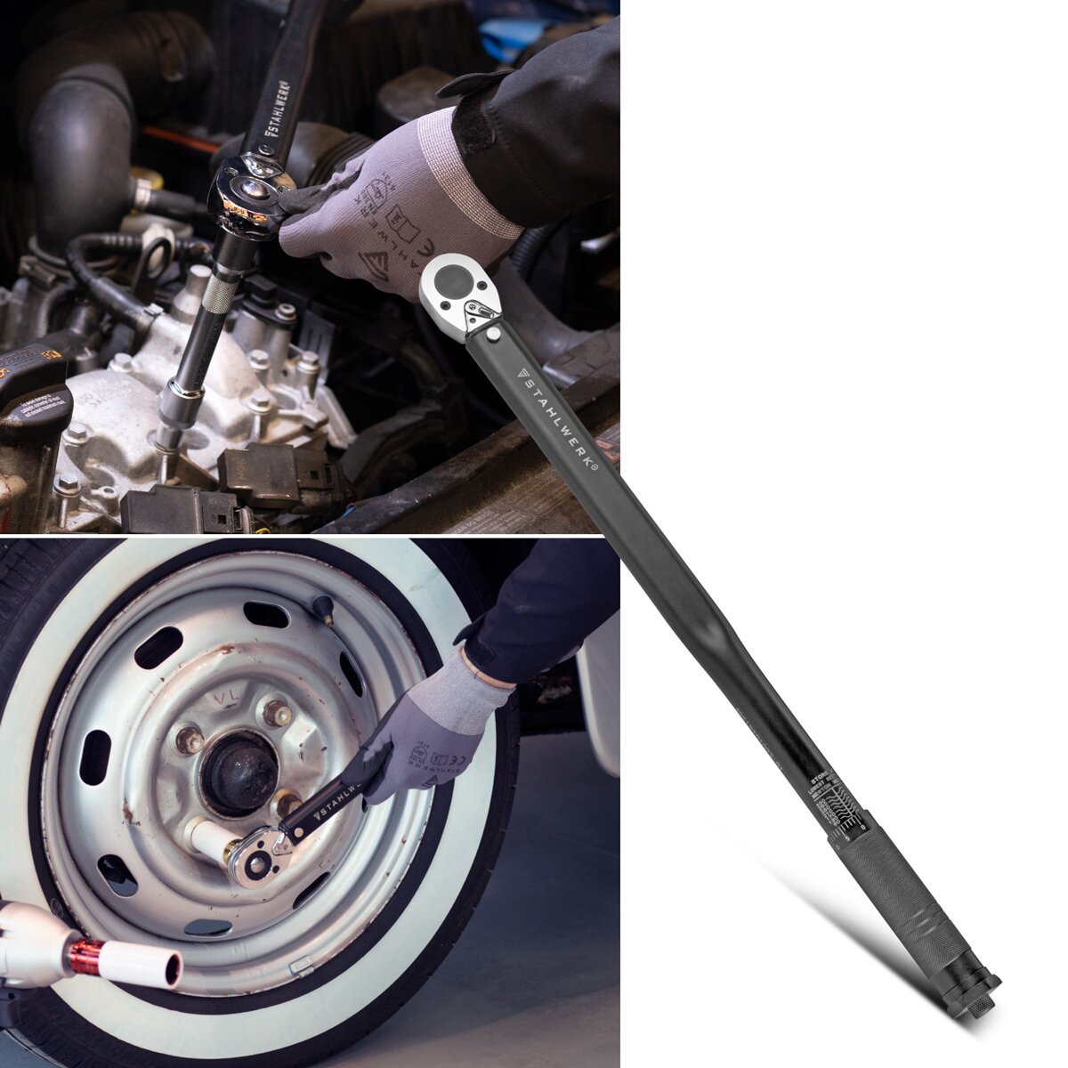 STAHLWERK Reifenwechsel-Set Pro bestehend aus einem extra flachen Rangier-Wagenheber, Drehschlagschrauber, Drehmomentschlüssel, Magnetschale und Arbeitshandschuhen