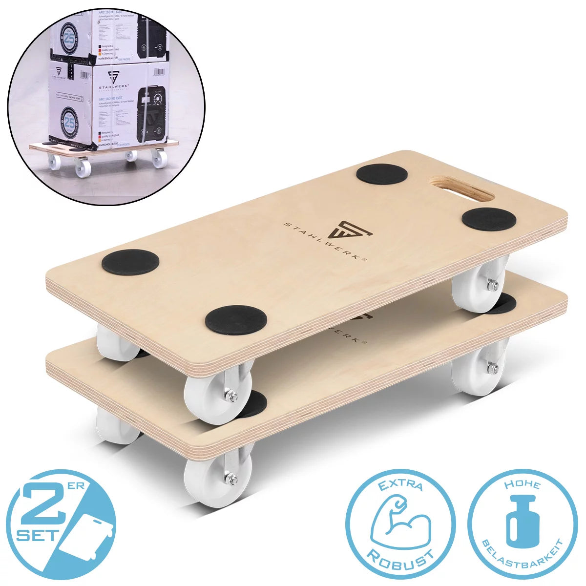 Stahlwerk trolley TR-250 ST 2 SET with 250 kg load capacity and abrasion-resistant steering rollers 58 x 29 cm platform car | Transport car | Furniture roller | Rolling board | Handlars | Transporter