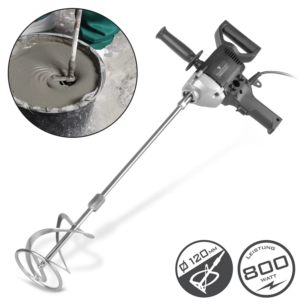 STAHLWERK Rührwerk RW-800 ST | 800 W und 500 U/min | Elektrischer Mörtelrührer | Robuste Ausführung |Stabiler Betonrührer | Farbrührer | Farbmischer | Handmischer | Handrührwerk