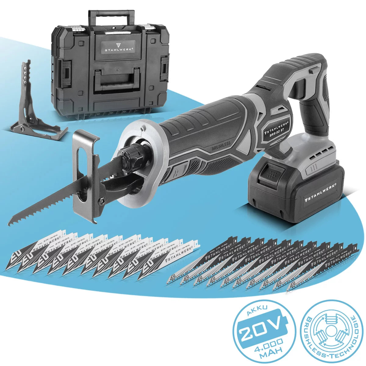 Scie alternative sans fil STAHLWERK BRS-20 ST | Scie universelle 20 volts | Batterie Li-Ion 4 Ah | 20 feuilles de remplacement (10 x bois, 10 x métal) | Support à dégagement rapide | Longueur de course 28 mm | 0-2 600 tr/min