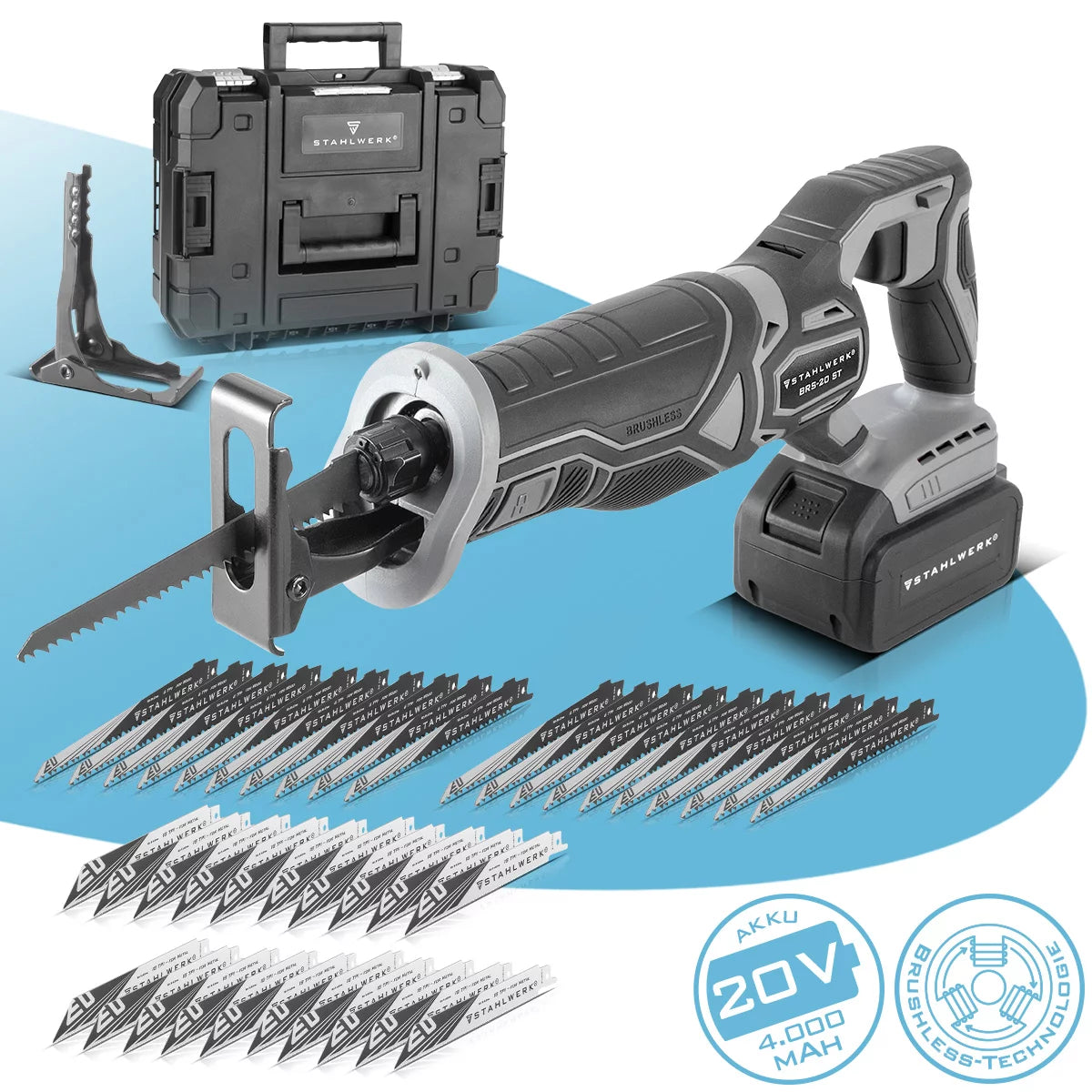 STAHLWERK brushless cordless reciprocating saw BRS-20 ST | 20 volt universal saw | 4 Ah Li-Ion battery | 40 replacement sheets (20 x wood, 20 x metal) | Keyless chuck | Stroke length 28 mm | 0-2,600 rpm