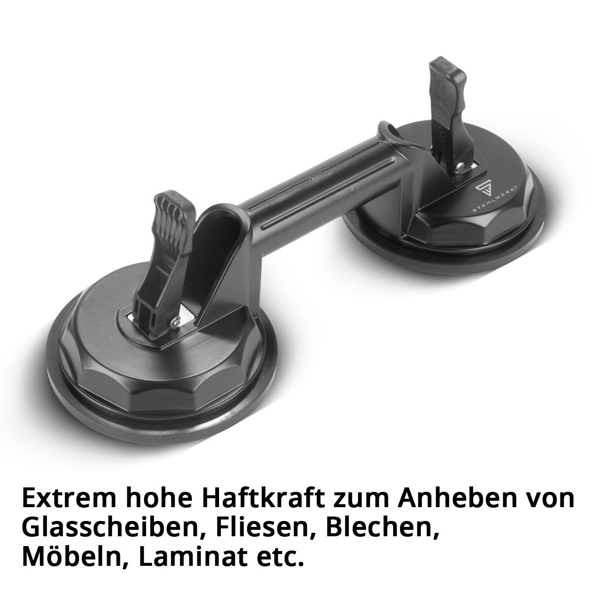 STAHLWERK Doppel-Saugheber mit 135 kg Tragkraft und 2 x 12,5 cm | 5“ Durchmesser Vakuumheber | Glasheber | Fliesenheber | Scheibenheber | Saughalter | Sauggriff | Glassauger für Glas, Fliesen, Bleche, Möbel und Laminat
