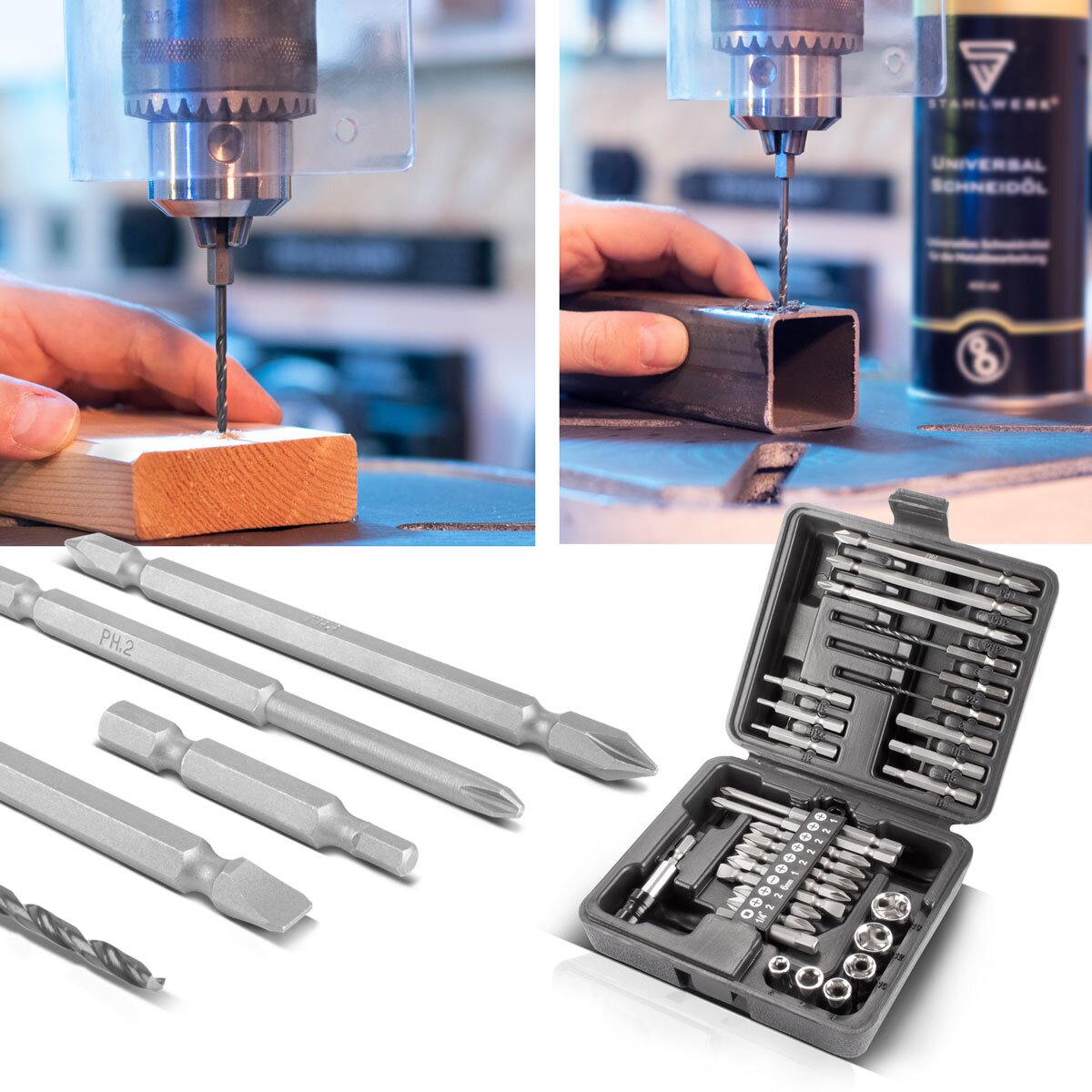 STAHLWERK 28-teiliges Schraubendreher-Bit-Set mit Sechskant-Schaft für Akkuschrauber, Bitsatz und Stecknusssatz aus Chrom-Vanadium inklusive Transportbox | Schraubenzieher Set | Steckschlüsselsatz