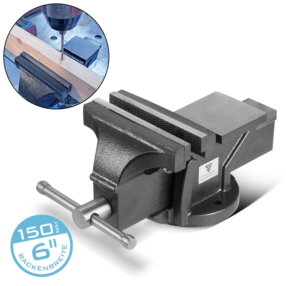 STAHLWERK Schraubstock BV-150 ST aus Gusseisen mit 150 mm Spannweite, Maschinenschraubstock | Werkbankschraubstock | Spannvorrichtung | Parallelschraubstock | Tischschraubstock mit Amboss
