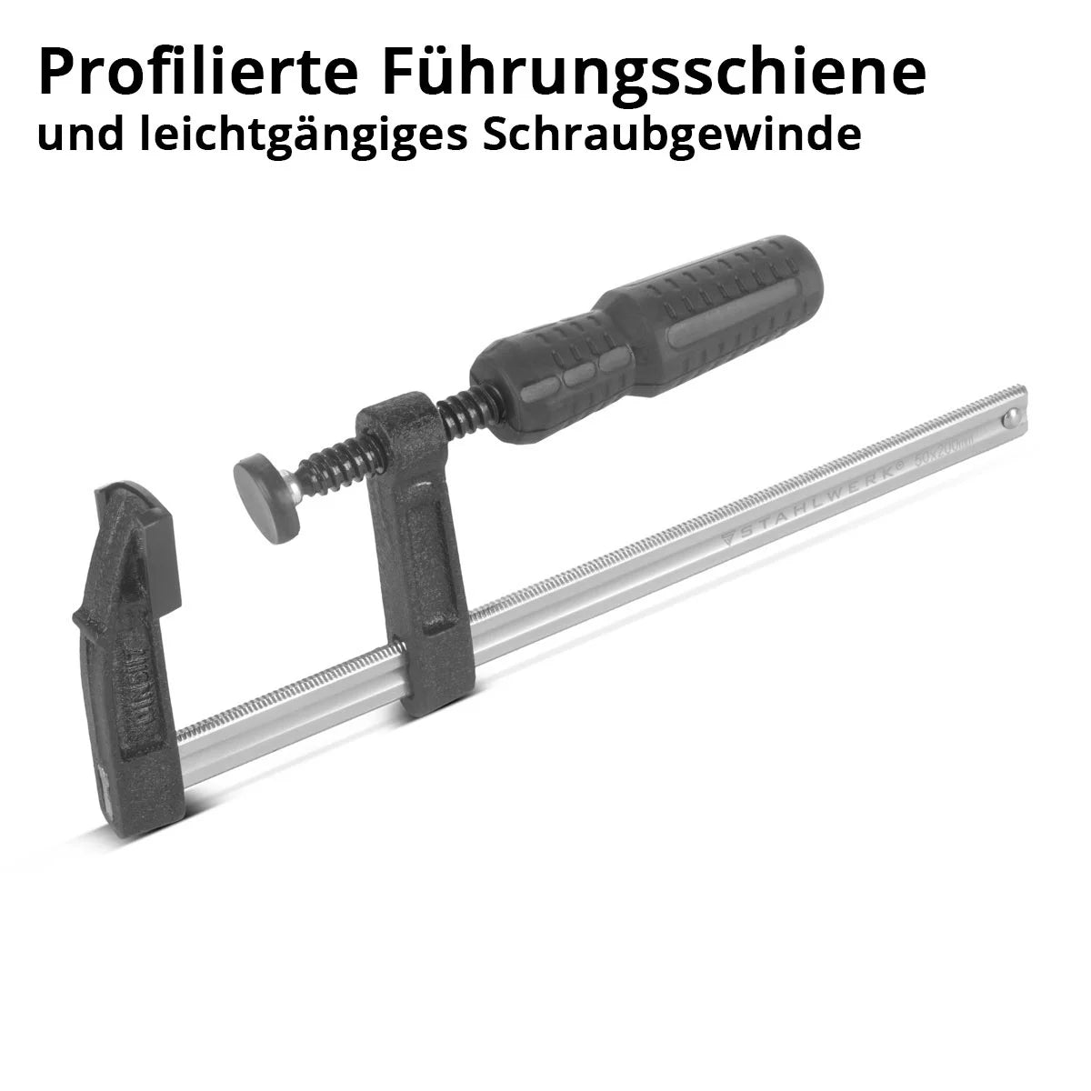 STAHLWERK Schraubzwinge 50x200 mm | kraftvolle Klemmzwinge aus Stahl und Kunststoff | F-Zwinge zum Fixieren von Werkstücken |stabile Zwinge mit Spannweite 200 mm, Spanntiefe 50 mm