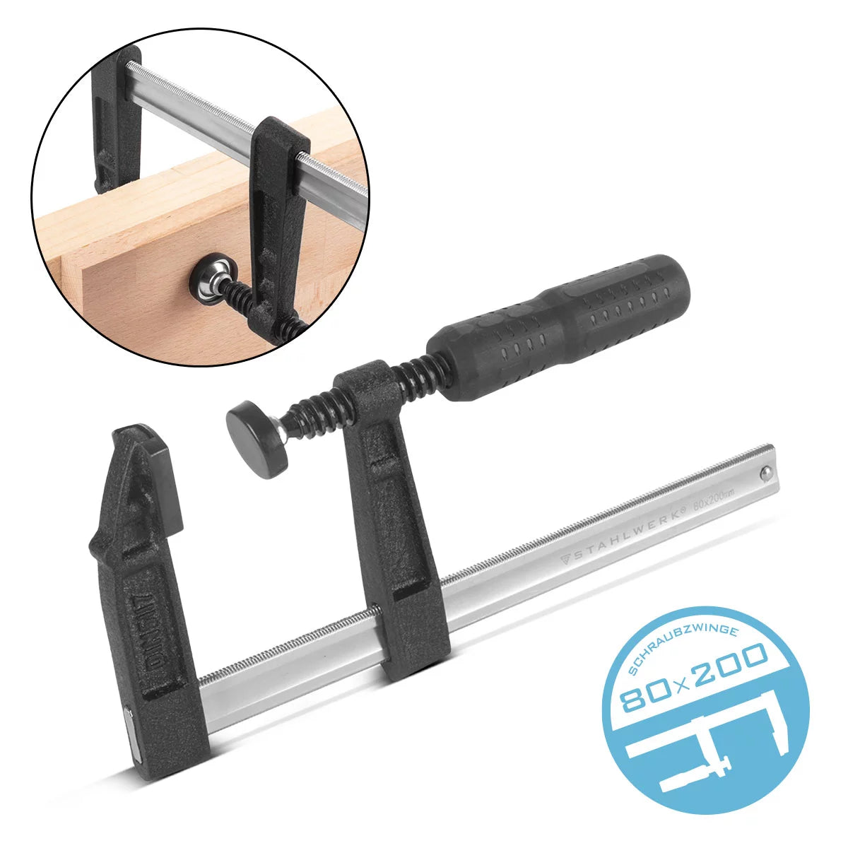 Steelworks screw clamp 80x200 mm | powerful clamping clamp made of steel and plastic | F-Zwinge for fixing workpieces | Stable compound with span of 200 mm, clamping depth 80 mm