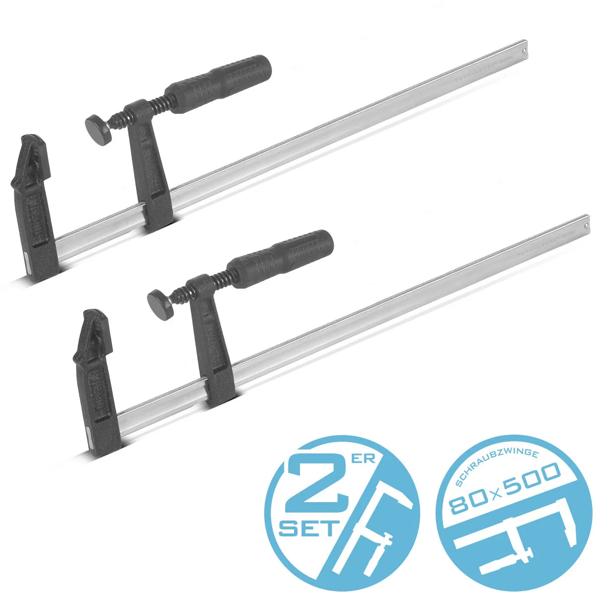 Steelworks screw clamp 80x500 mm 2 Set | powerful clamping clamp made of steel and plastic | F-Zwinge for fixing workpieces | Stable clamp with span 500 mm, clamping depth 80 mm