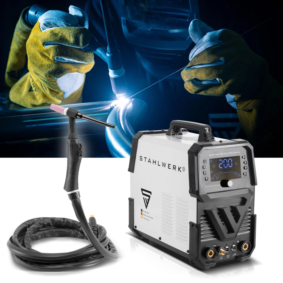 STAHLWERK AC/DC WIG 200 Puls Pro - Digitales Schweißgerät | Inverter mit 200 Ampere, ARC/MMA Funktion, Job-Speicher und IGBT-Technologie, geeignet für Alu und Dünnblech, 7 Jahre Herstellergarantie