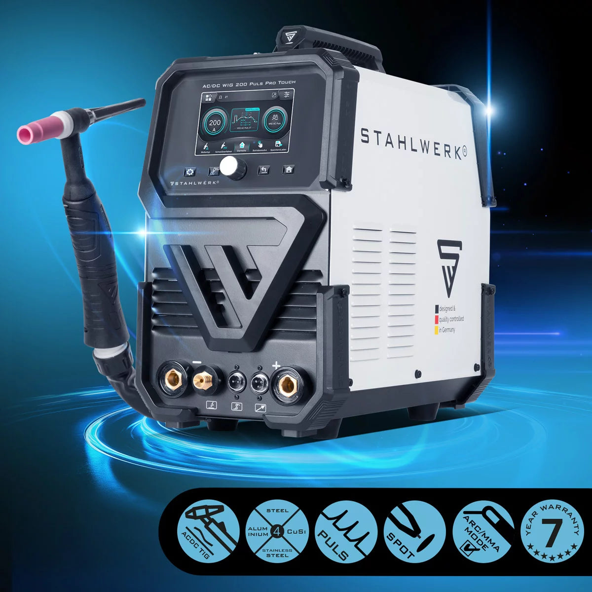 STAHLWERK inert gas welding machine AC/DC TIG 200 Puls Pro Touch fully equipped 200 amp IGBT inverter | ARC/MMA function | Job storage | Pulse and spot function suitable for aluminum and thin sheet metal
