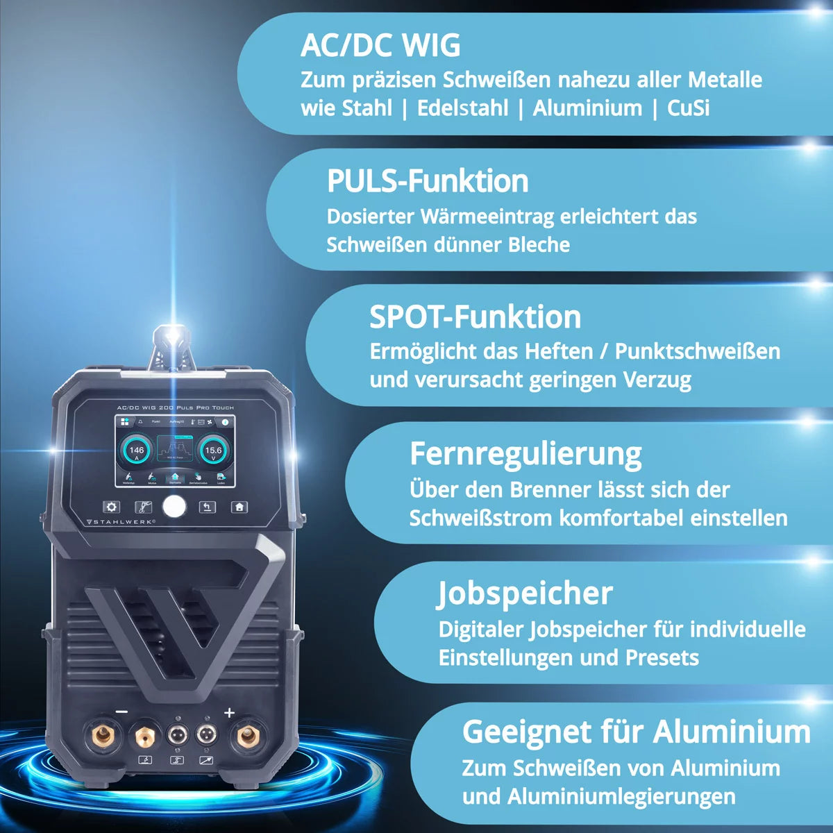 STAHLWERK Schutzgas-Schweissgerät AC/DC WIG 200 Puls Pro Touch | IGBT Inverter mit 200 Ampere | ARC/MMA Funktion | Job-Speicher | Puls-und Spot-Funktion geeignet für Alu und Dünnblech