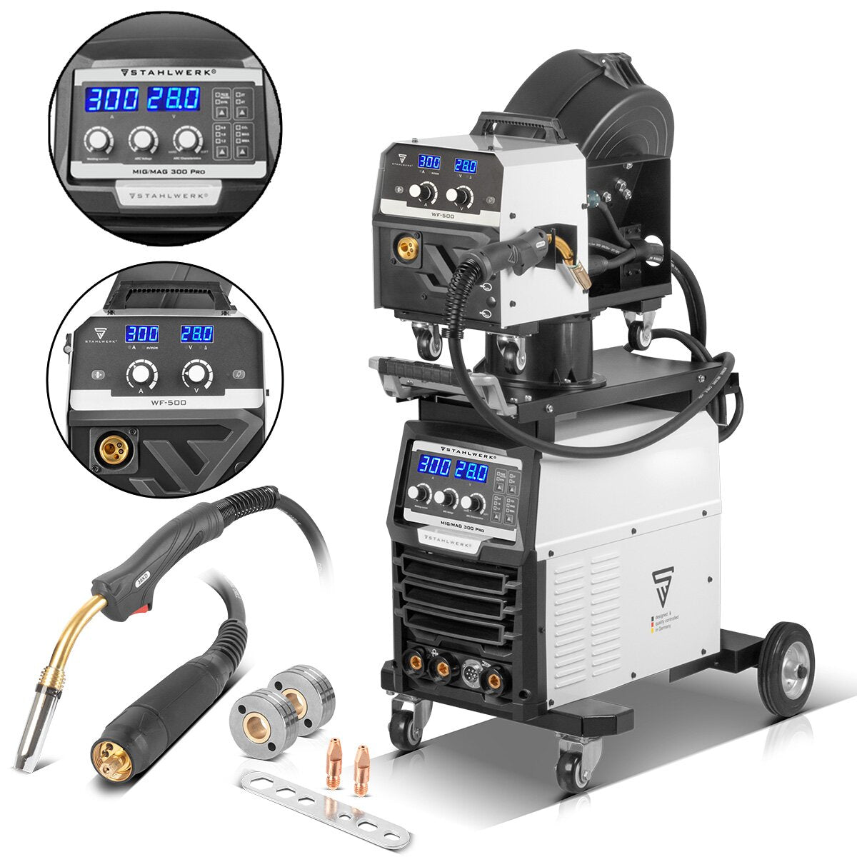 STAHLWERK Schweißgerät MIG MAG 300 Pro Vollausstattung Vollsynergischer IGBT Inverter mit 300 A und Puls-Funktion 3-in-1 Kombi-Schweißanlage MIG MAG | MMA | Lift-TIG