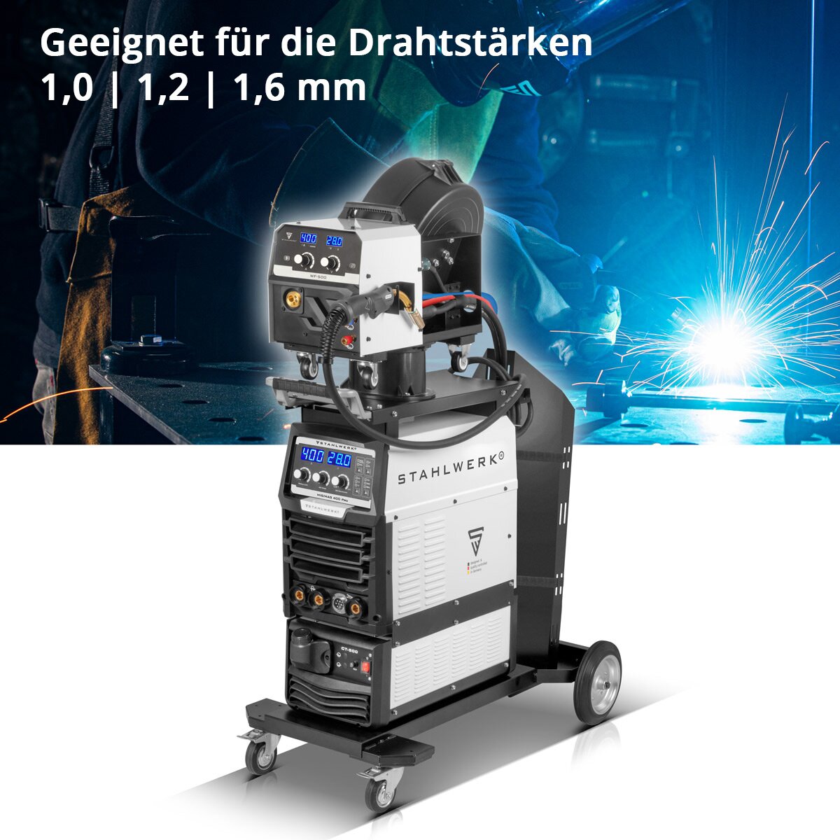 STAHLWERK Schweißgerät MIG MAG 400 Pro Vollausstattung Vollsynergischer, wassergekühlter IGBT Inverter mit 400 A und Puls-Funktion 3-in-1 Kombi-Schweißanlage MIG MAG | MMA | Lift-TIG