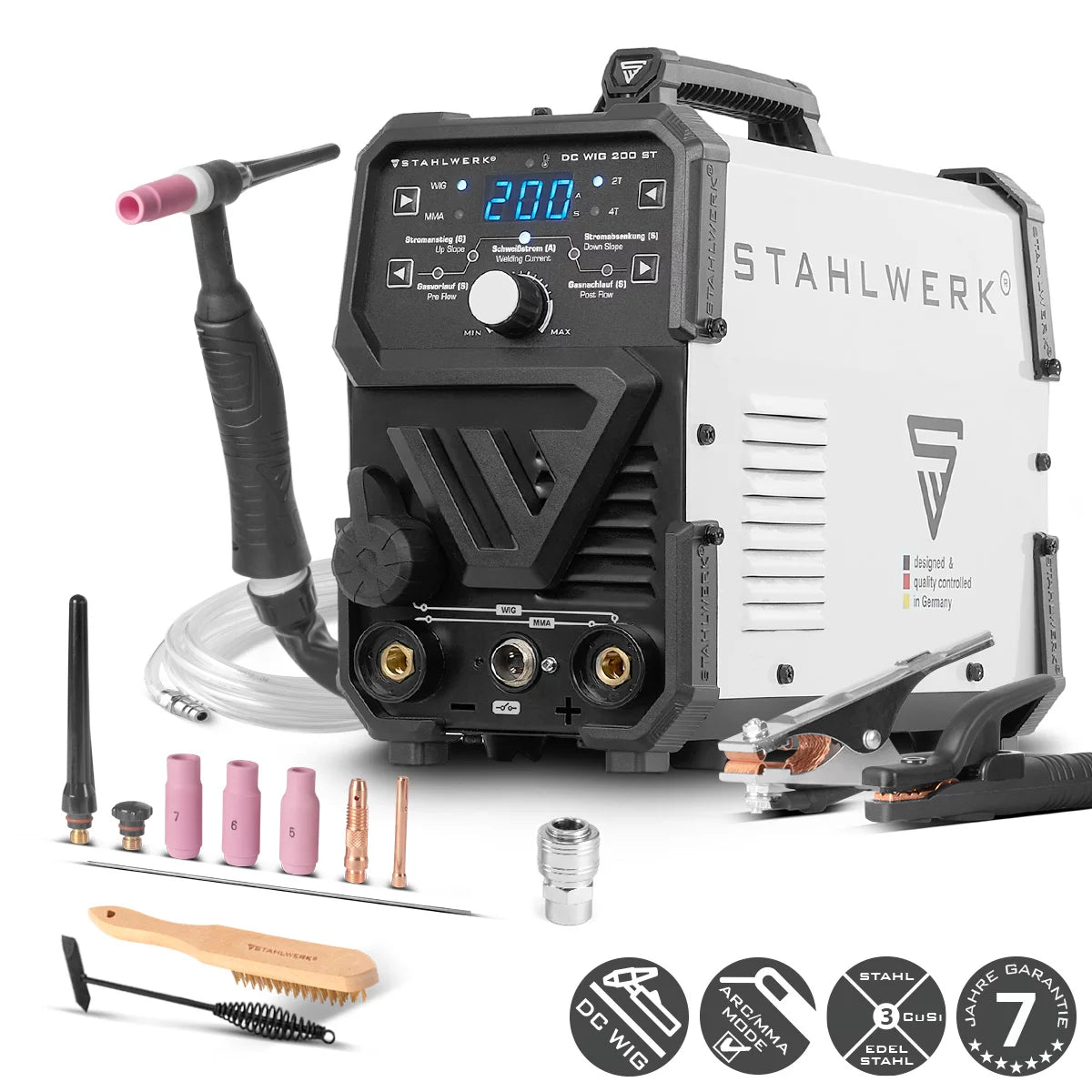 STAHLWERK DC TIG 200 ST | Soudeuse combinée 2 en 1 | TIG-MMA | 200 ampères | Allumage HF, hot start, anti-stick | Pour acier, inox, cuivre, laiton | Ne convient pas à l'aluminium