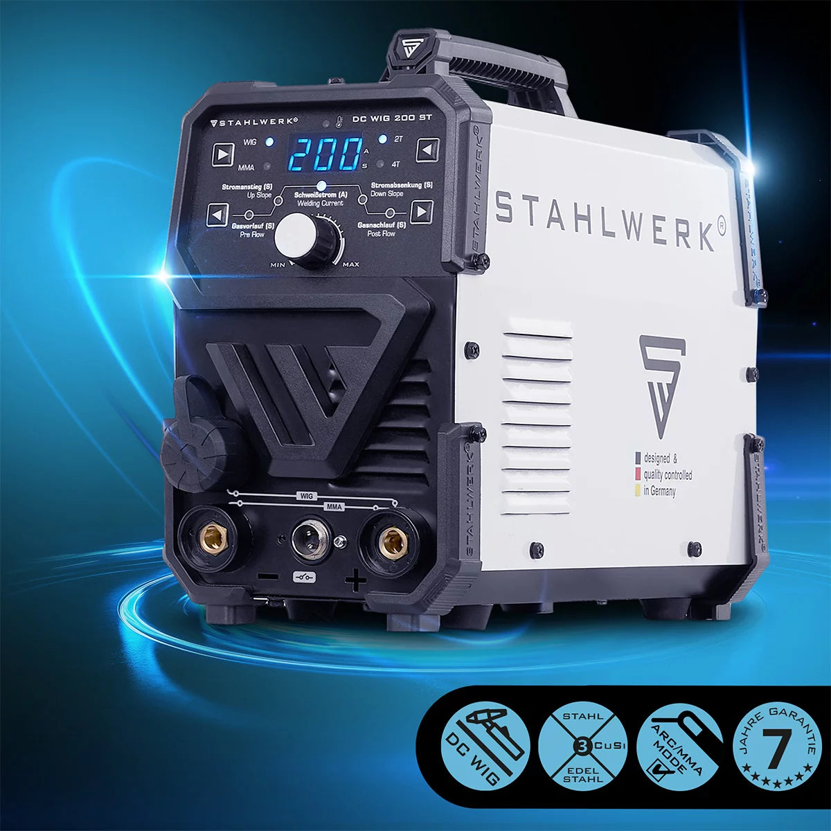 STAHLWERK DC TIG 200 ST | Soudeuse combinée 2 en 1 | TIG-MMA | 200 ampères | Allumage HF, hot start, anti-stick | Pour acier, inox, cuivre, laiton | Ne convient pas à l'aluminium