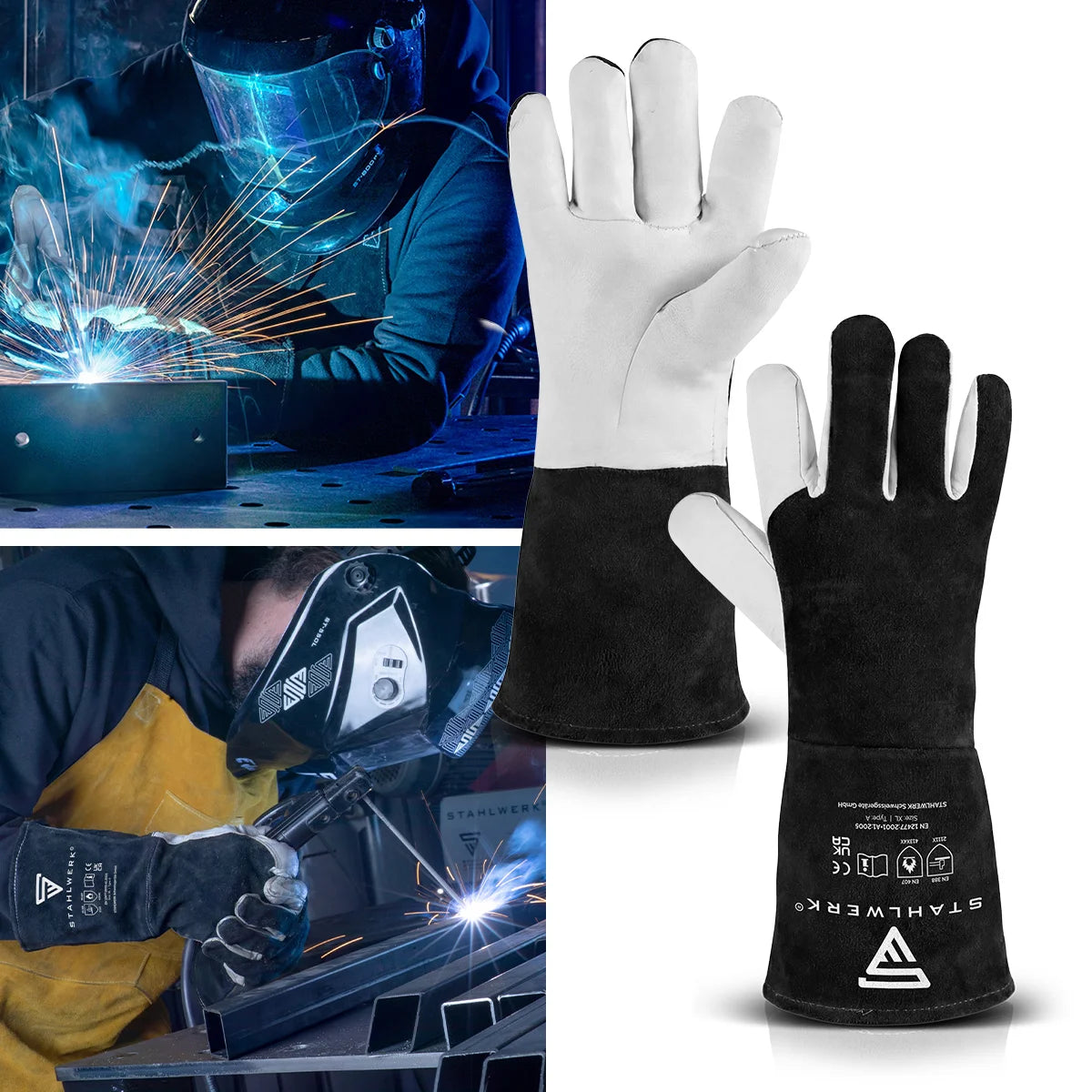 STAHLWERK Schweißerhandschuhe aus Echtleder | Hitzeschutzhandschuhe | Robustes Rindspaltleder | 34 cm Länge | Hitze- und feuerbeständige Arbeitshandschuhe | WIG, TIG, MIG MAG, MMA und Plasmaschneiden