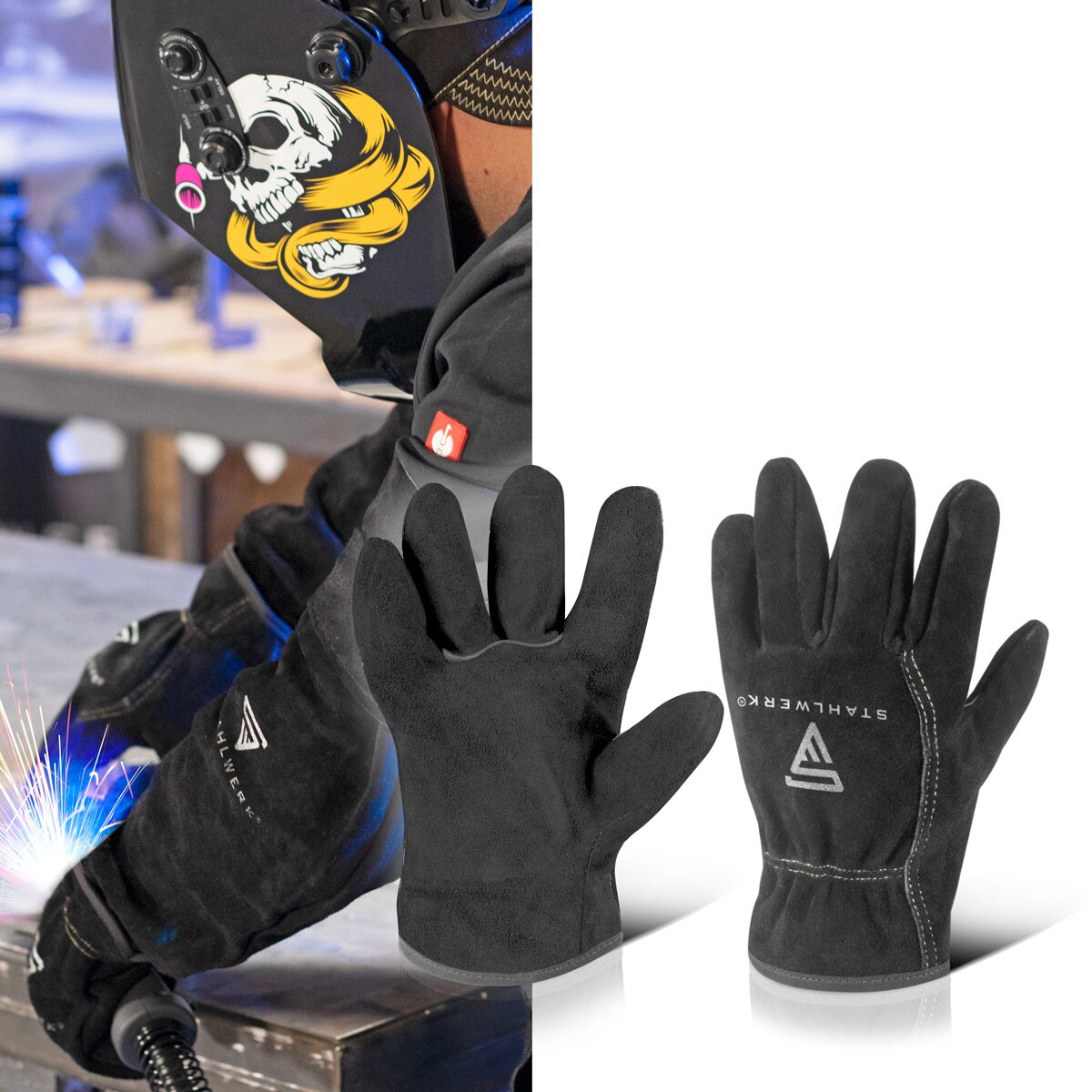 Guantes de soldadura de Steelworks | Guantes de protección del calor | Guantes de trabajo | Guantes resistentes al calor hechos de cuero de brecha de alta calidad para soldadura y corte de plasma