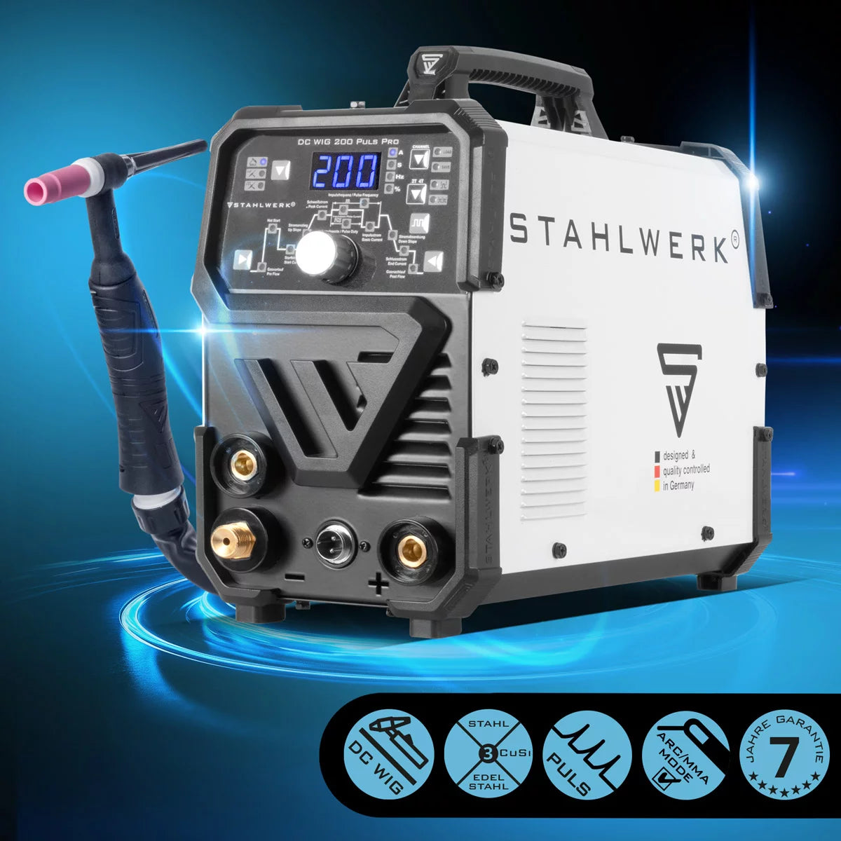 STAHLWERK DC TIG 200 Puls Pro مجهزة بالكامل - آلة لحام TIG رقمية احترافية مع وظيفة MMA الكهربائية اليدوية والنبضية، مناسبة للصفائح المعدنية الرقيقة