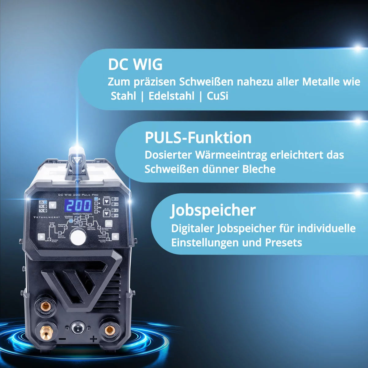 STAHLWERK DC TIG 200 Puls Pro مجهزة بالكامل - آلة لحام TIG رقمية احترافية مع وظيفة MMA الكهربائية اليدوية والنبضية، مناسبة للصفائح المعدنية الرقيقة