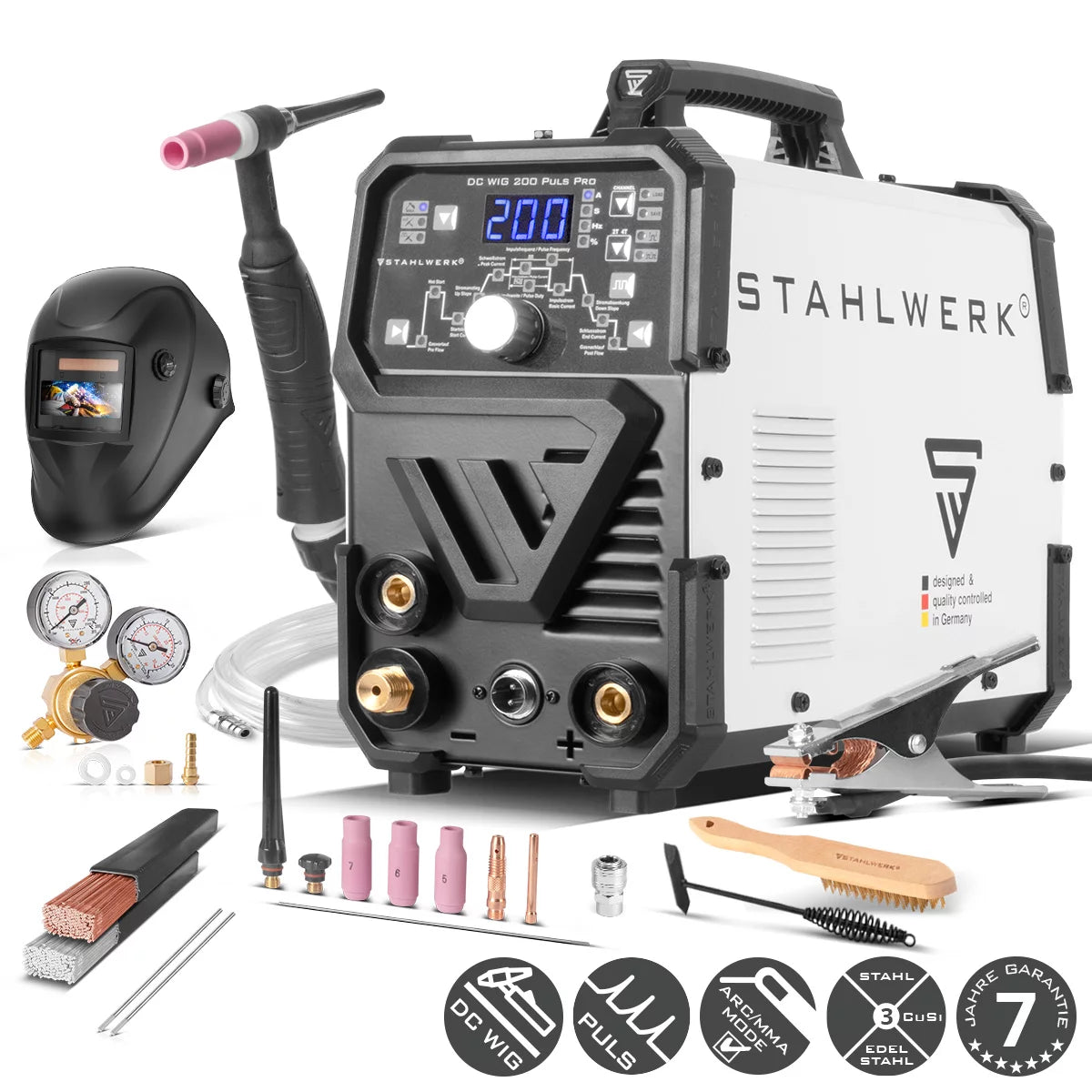 STAHLWERK DC TIG 200 Puls Pro مجهزة بالكامل - آلة لحام TIG رقمية احترافية مع وظيفة MMA الكهربائية اليدوية والنبضية، مناسبة للصفائح المعدنية الرقيقة