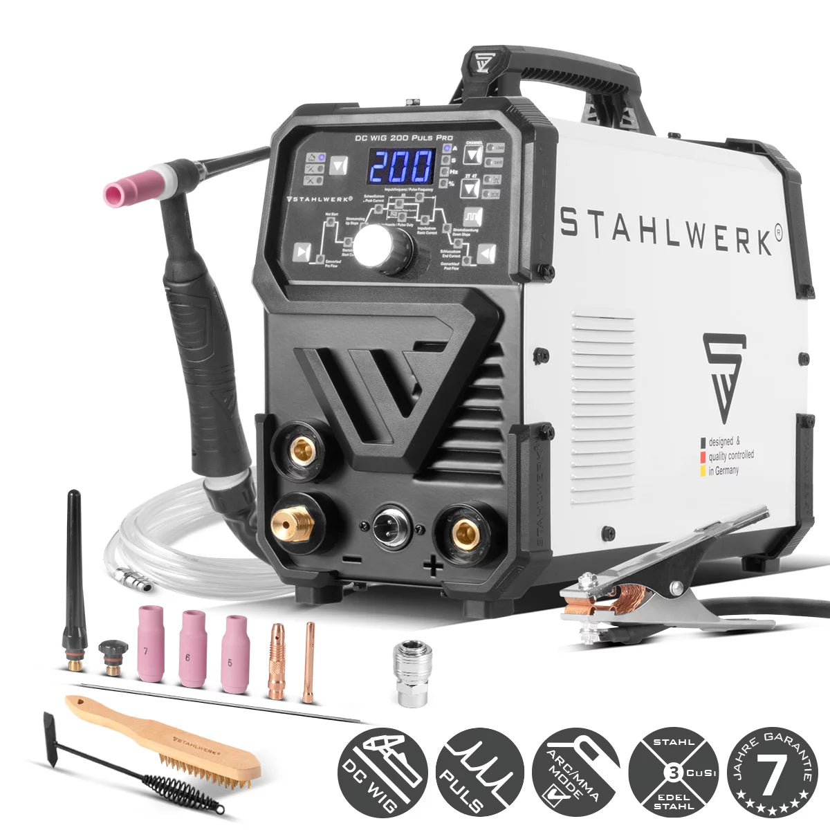 ماكينة لحام مركبة STAHLWERK 2 في 1 DC TIG 200 Puls Pro - آلة لحام TIG رقمية احترافية مع وظيفة MMA الكهربائية اليدوية والنبضية، مناسبة للصفائح المعدنية الرقيقة