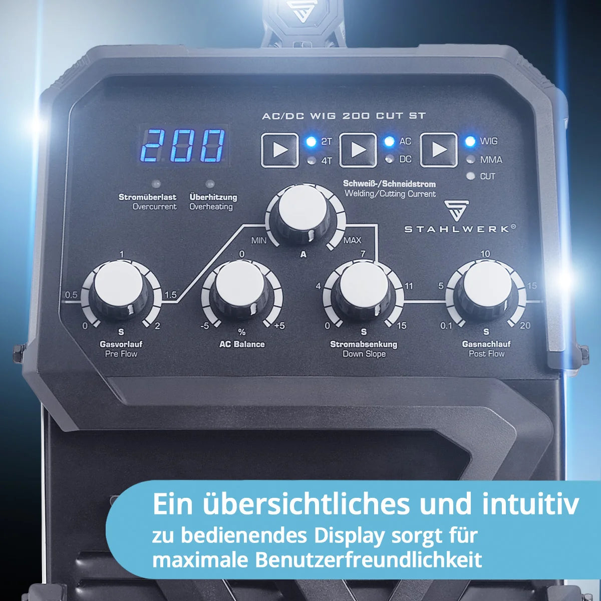 STAHLWERK welding machine AC/DC TIG 200 CUT ST - combination 200 A TIG MMA welding machine with 45 A CUT plasma cutter, suitable for ALU