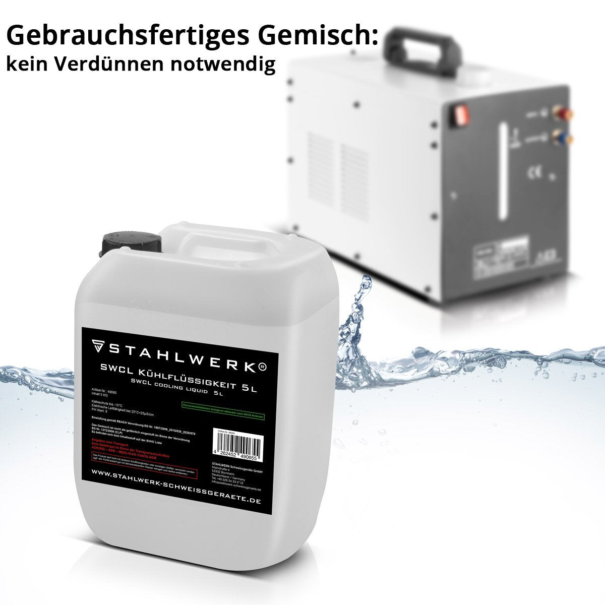 Fluid de enfriamiento SWCL 5 L recipiente 25 µs/cm a -15 ° C refrigerante | Enfriamiento de agua | Agua de enfriamiento para enfriadores de agua y paquetes de manguera cocinada con agua de dispositivos de soldadura y cortadores de plasma