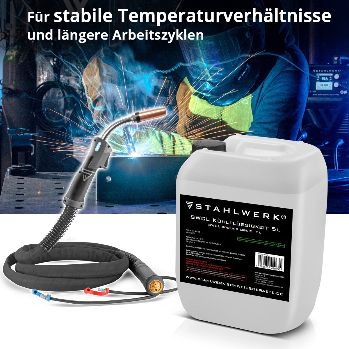Fluid de enfriamiento SWCL 5 L recipiente 25 µs/cm a -15 ° C refrigerante | Enfriamiento de agua | Agua de enfriamiento para enfriadores de agua y paquetes de manguera cocinada con agua de dispositivos de soldadura y cortadores de plasma