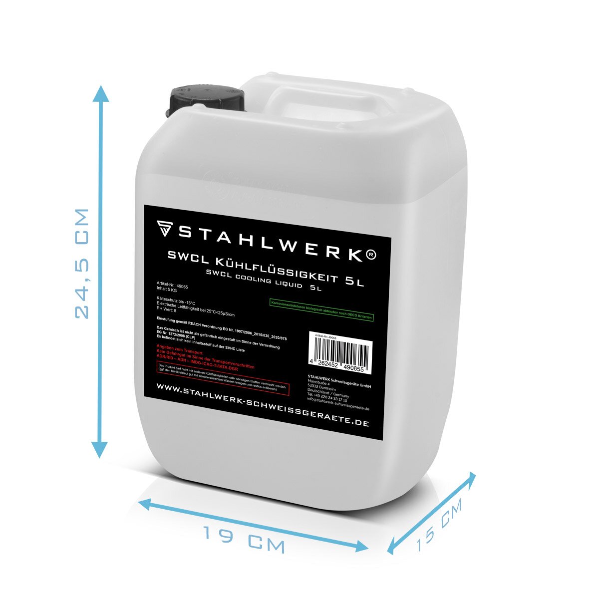 Fluid de enfriamiento SWCL 5 L recipiente 25 µs/cm a -15 ° C refrigerante | Enfriamiento de agua | Agua de enfriamiento para enfriadores de agua y paquetes de manguera cocinada con agua de dispositivos de soldadura y cortadores de plasma