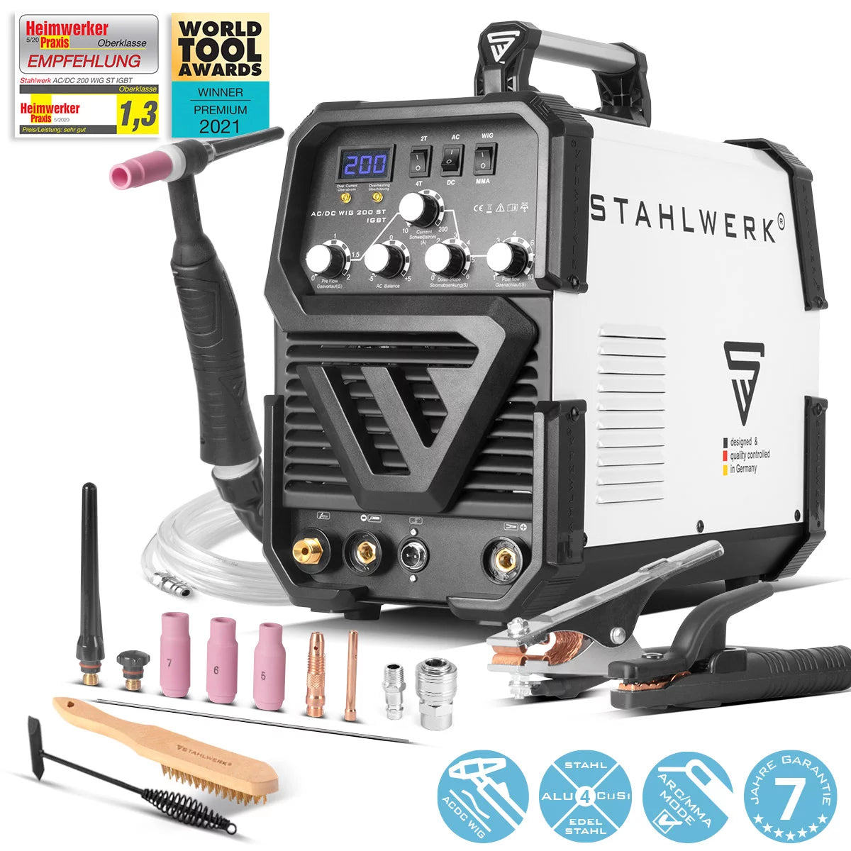 ماكينة لحام STAHLWERK AC/DC TIG 200 ST IGBT / ماكينة لحام مركبة / نظام لحام مركب مع 200 A TIG & MMA، مناسبة للألمنيوم