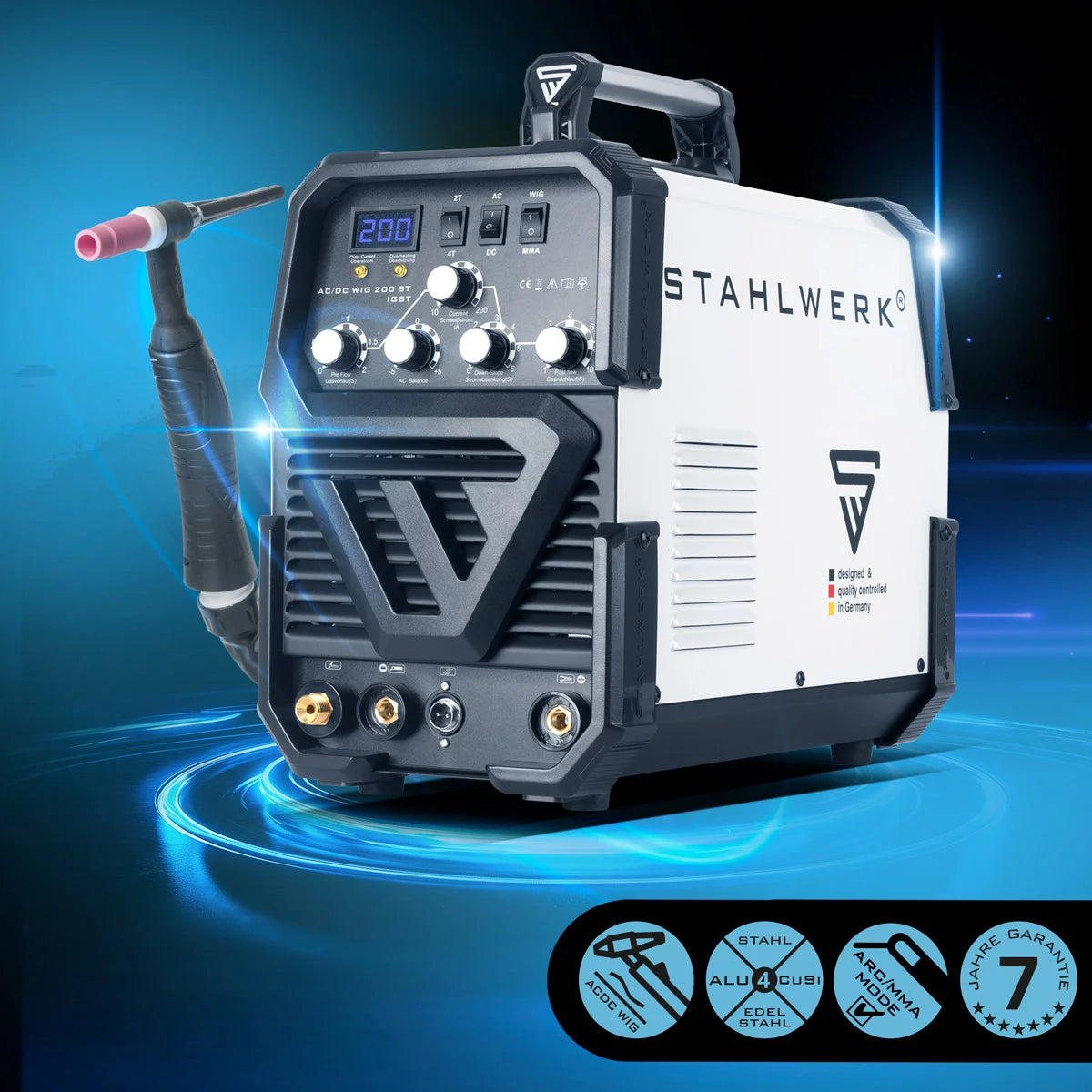 ماكينة لحام STAHLWERK AC/DC TIG 200 ST IGBT / ماكينة لحام مركبة / نظام لحام مركب مع 200 A TIG & MMA، مناسبة للألمنيوم