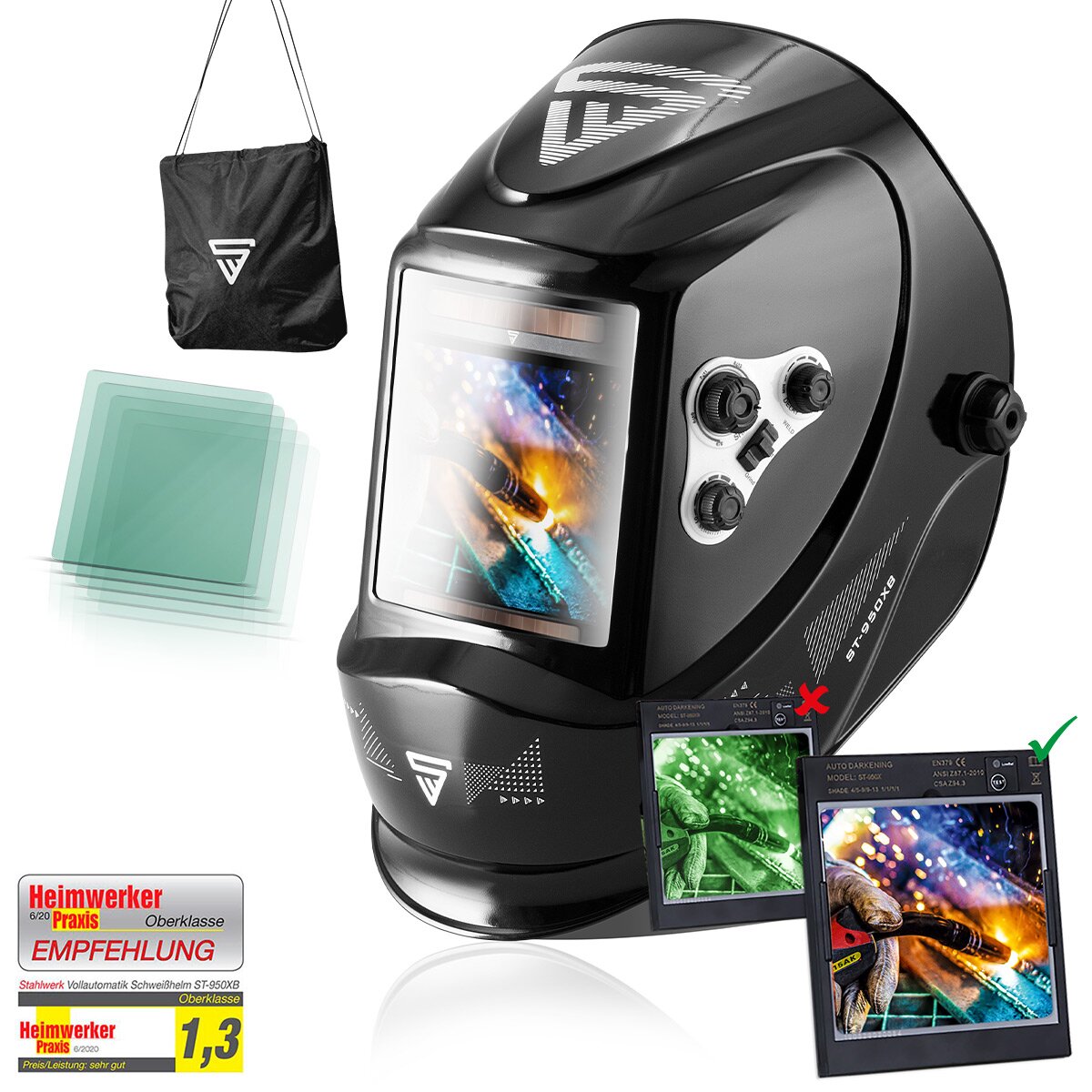 STAHLWERK ST-950 XB Vollautomatik Real Colour Schweißhelm mit 3 in 1 Funktion, schwarz glänzend, inkl. 5 Ersatzscheiben & Tasche