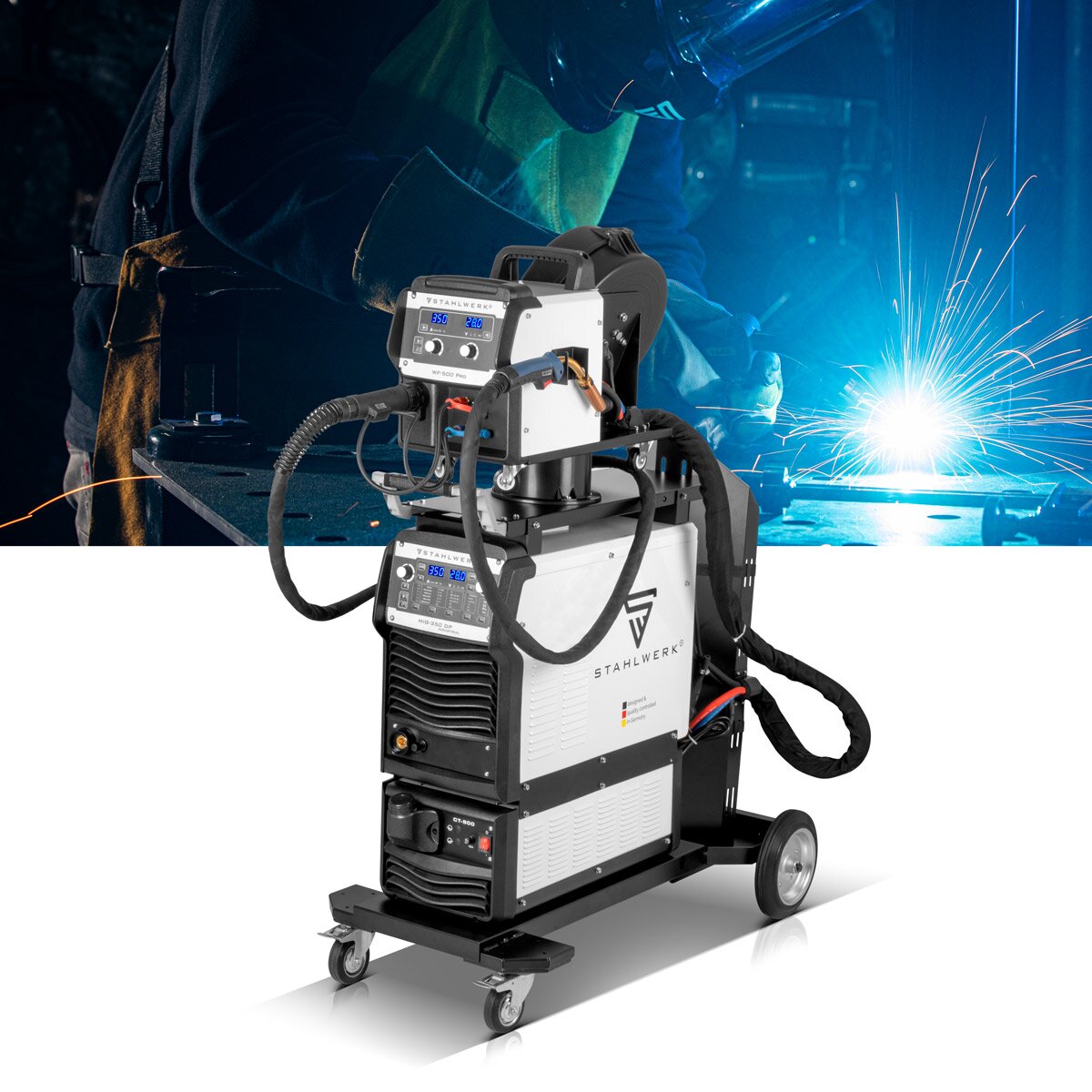 Saldatura industriale in acciaio MIG 350 DP Attrezzatura completa di inverter IGBT a raffreddamento ad acqua con 350 A e funzione spot, sistema Mig Mag Weiss con puls | Double Pulse | Impulso ad alta velocità