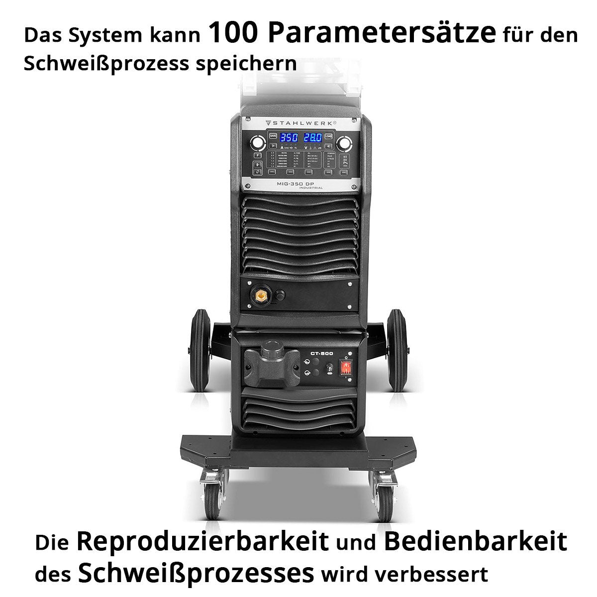 Saldatura industriale in acciaio MIG 350 DP Attrezzatura completa di inverter IGBT a raffreddamento ad acqua con 350 A e funzione spot, sistema Mig Mag Weiss con puls | Double Pulse | Impulso ad alta velocità