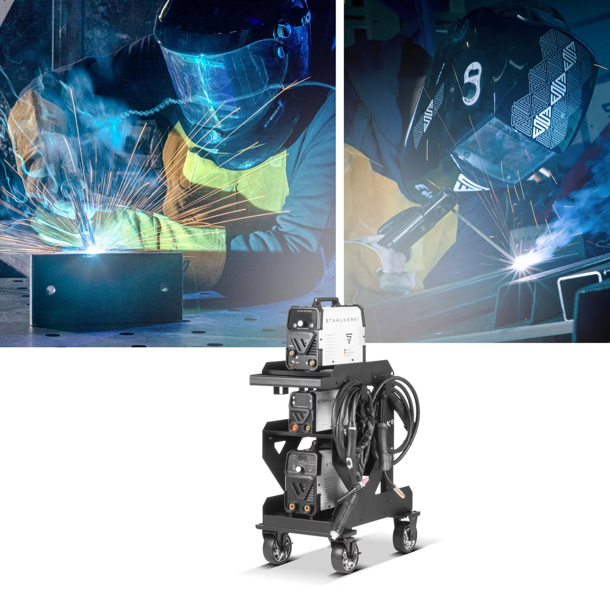 STAHLWERK welding trolley SW-600-ST | 1.5mm wall thickness | Robust welding equipment trolley | Plasma cutter transport trolley with hose and cable holder | Gas bottle chain lock | Longlife rubber wheels