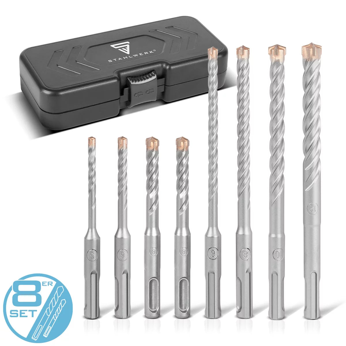 Steelworks SDS-Plus drill 8-part set with box | Diameter 5-12 mm | Cross cutting edge and double bull | Lengths 110-160 mm | Stone drill and concrete drill for SDS-Plus recording 10 mm | Strong and precise
