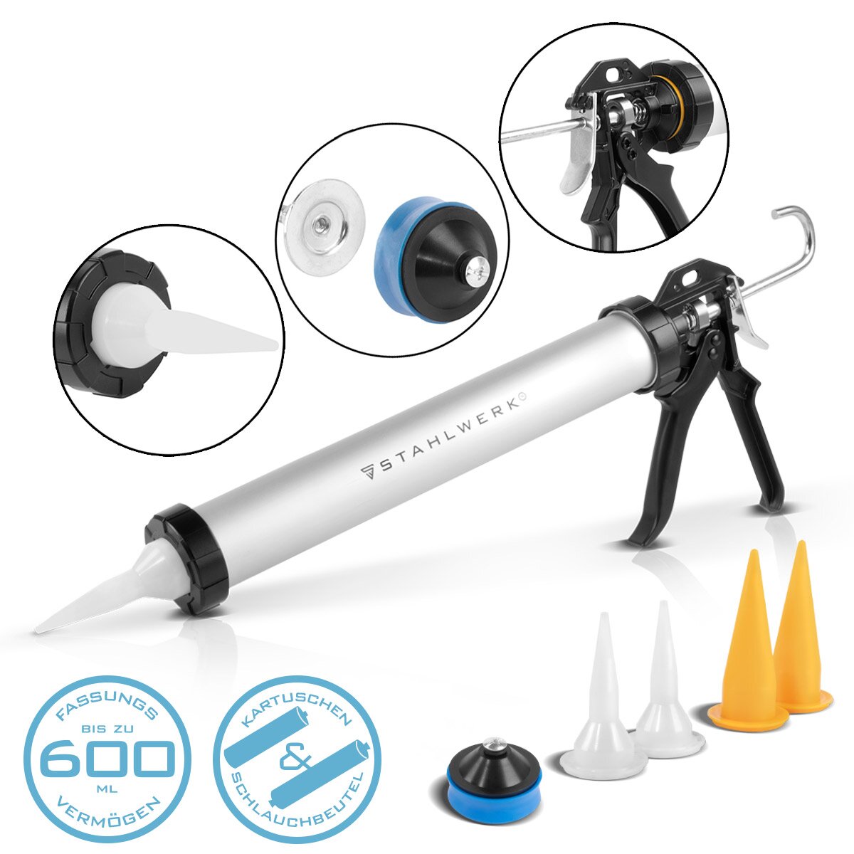 Steelwork Silicone pistol SP-600 ST with silicone filler 600 ml aluminum cartridge press | Cartrup pistol including silicone-scrub | Fugen puller | Fugue smoothing | Silicone remover
