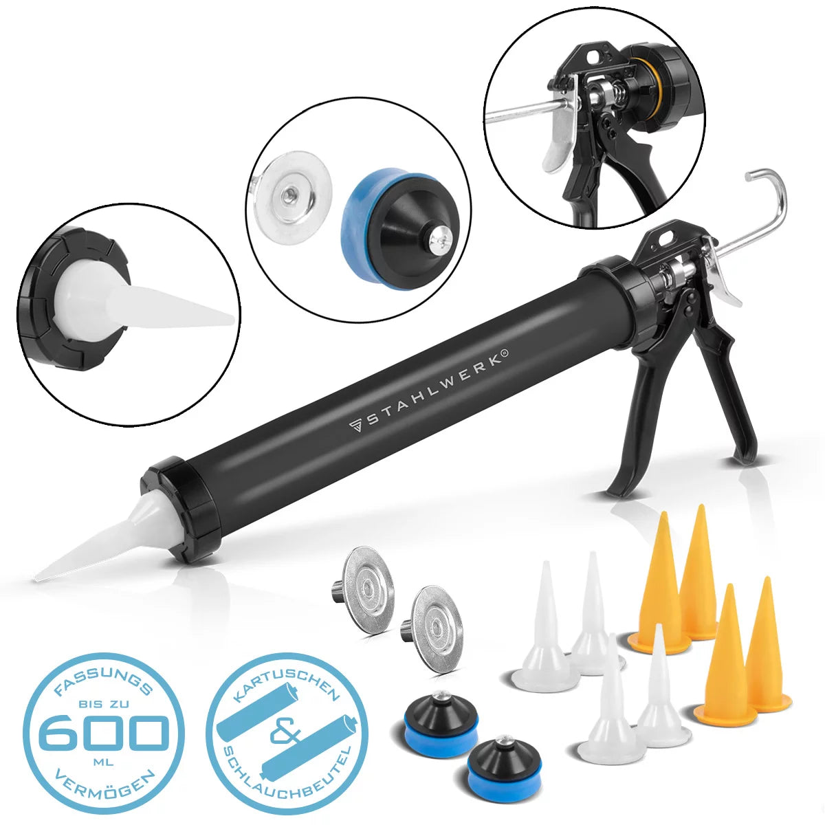 In acciaio in silicone pistola SPB-600 ST con 600 ml di pressa in silicone in alluminio | Acrilpistol | Kartuschenprede | Bag Press | Spruzzatore di silicone | Pistola da cartuccia per cartucce e sacchetti per tubo