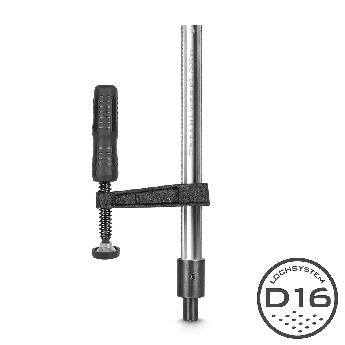 Morsetto di serraggio STAHLWERK per tavoli di saldatura F-Clamp con campo di serraggio 80 x 200 mm| Sistema D a 16 fori | Fissa in modo sicuro i pezzi | Albero nichelato | Binario di guida profilato | Maniglia a ginocchiera completamente gommata