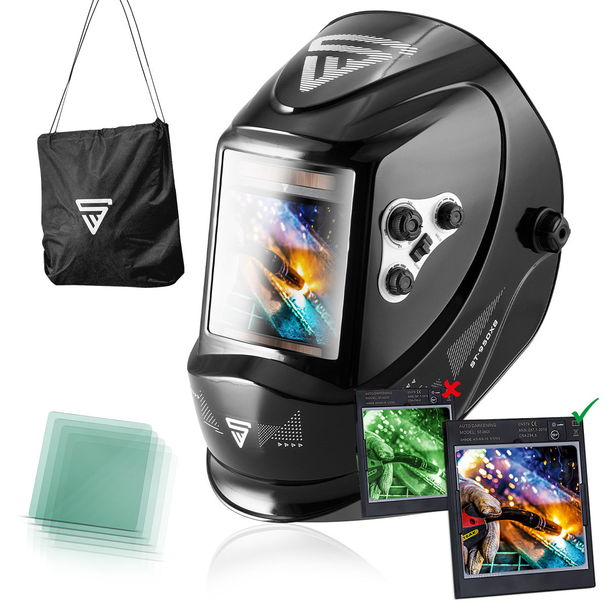 STAHLWERK ST-950 XB Vollautomatik Real Colour Schweißhelm mit 3 in 1 Funktion, schwarz glänzend, inkl. 5 Ersatzscheiben & Tasche