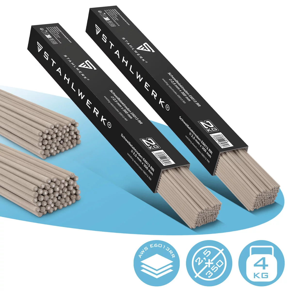 STAHLWERK 2x أقطاب كهربائية لاصقة AWS E6013RR مطلية بالروتيل السميك 2.5 × 350 مم، تيار اللحام 50-90 أمبير، نقاء كيميائي عالي، 2 كجم MMA ARC.
