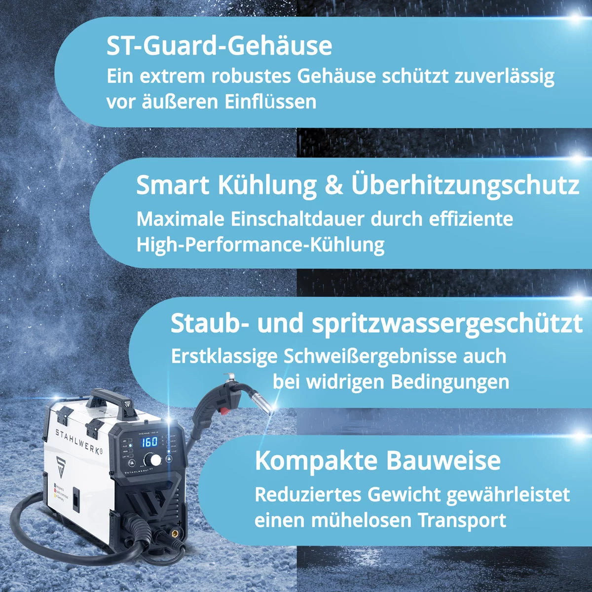 STAHLWERK MIG MAG 160 M Fully equipped welding machine Fully synergic 5 in 1 combination device with real 160 amps and 2 rolls of drive/cored wire, MIG MAG, ARC MMA, Lift TIG