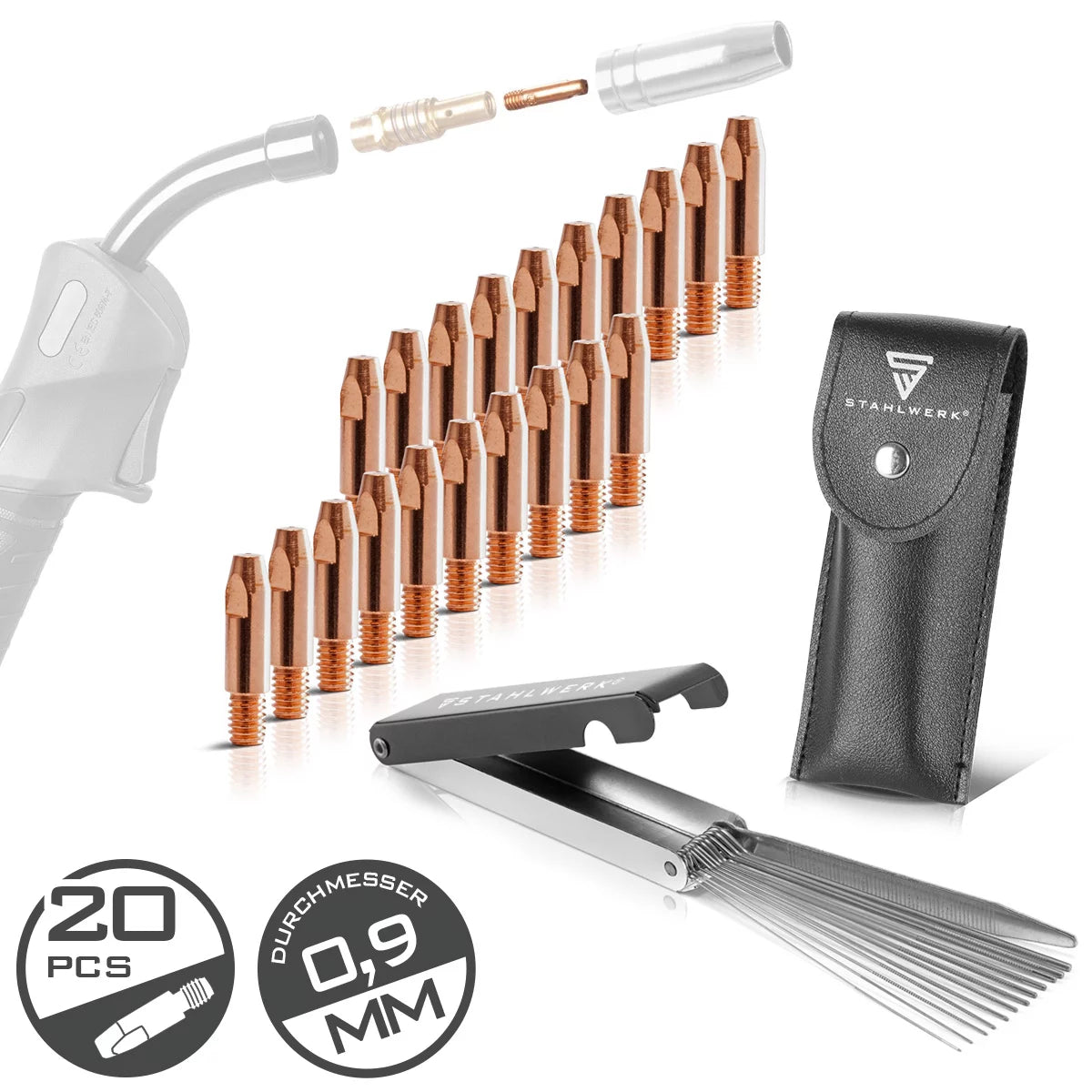 Set punte di contatto STAHLWERK MIG MAG | Set di 20 punte di contatto M6x28 0,9 mm | Pulitore per ugelli 13 in 1 in custodia | Accessori per AK25, MB25, KD24, MB24 | Set di parti di pulizia e usura per torce di saldatura MIG/MAG