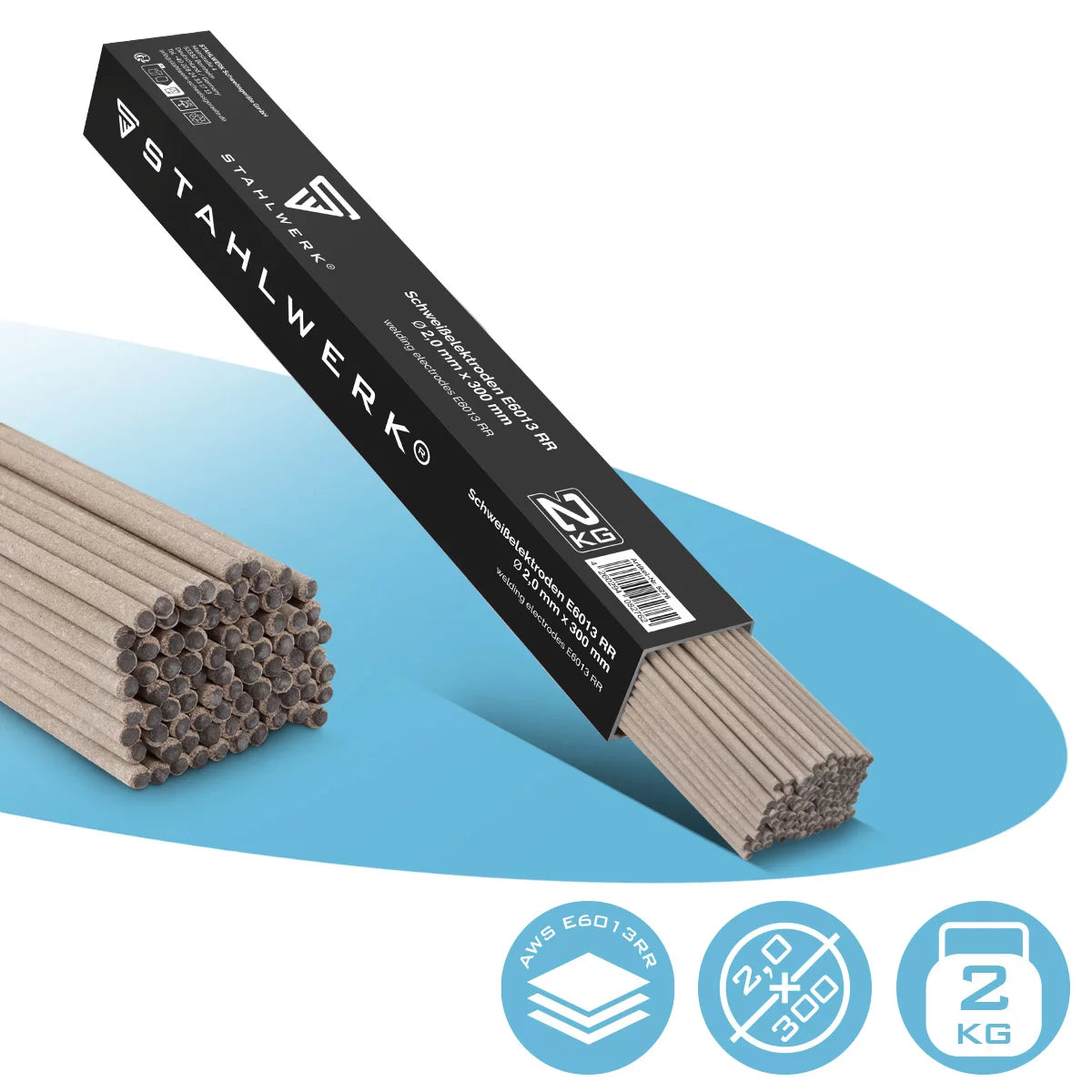 أقطاب عصا STAHLWERK AWS E6013RR مطلية بالروتيل السميك 2 مم × 300 مم تيار لحام 50-70 أمبير، نقاء كيميائي عالي 2 كجم MMA ARC