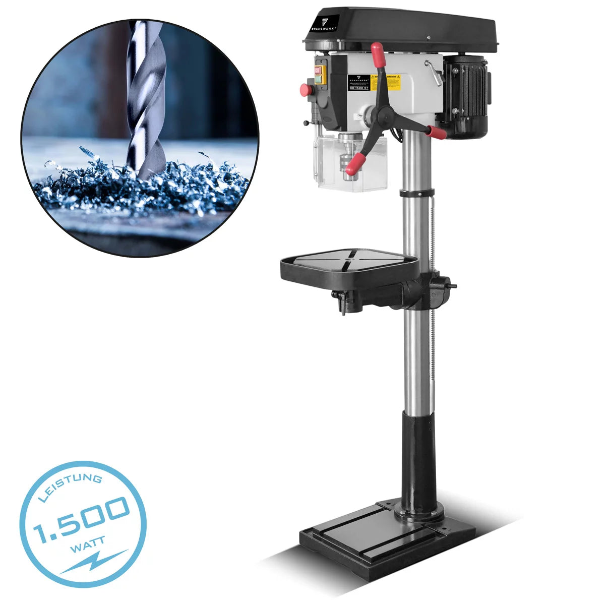 Perceuse à colonne STAHLWERK BD-1500 ST | Perceuse à colonne puissante 1500 watts pour les bricoleurs et la construction métallique | Diamètre de perçage Ø 20 mm | 150 - 2 450 tr/min | Table de perçage robuste et base en métal