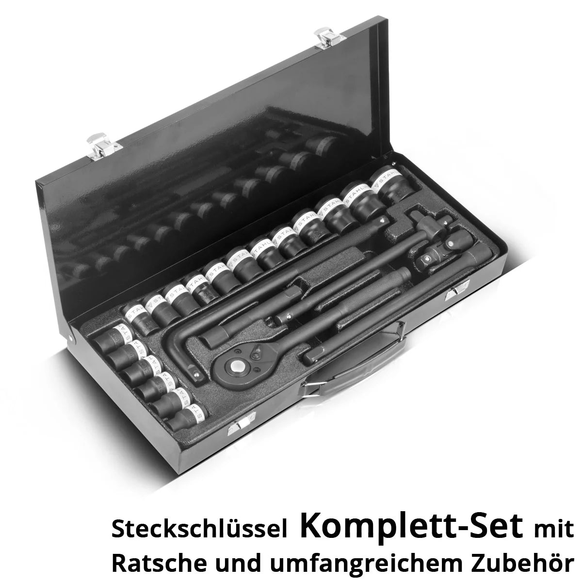 STAHLWERK Steckschlüssel-Satz 24-teiliger Knarrenkasten | Ratschen-Set | Steckschlüssel-Set | Stecknuss-Satz | Ratschenkasten | Steckschlüsselkasten mit 1/2" Umschaltknarre, Stecknüssen und Zubehör