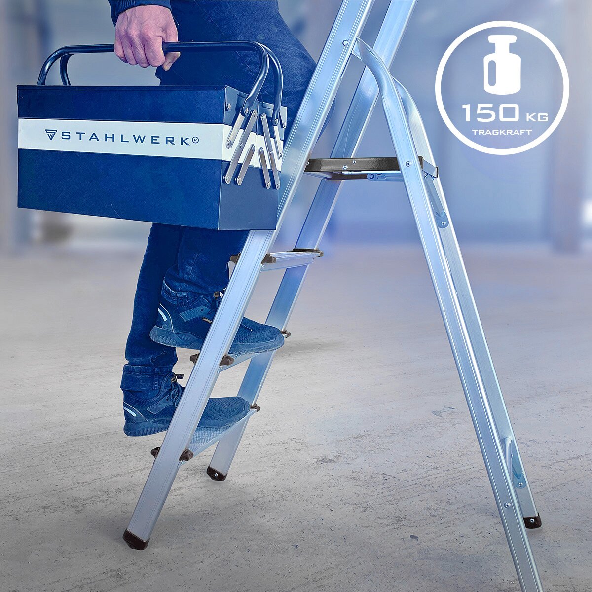 Stahlwerk Stahleiter HL-4 ST 150 kg, 4 steps, stand height 78 cm, aluminum ladder / folding conductor / step ladder / multi-purpose ladder with non-slip sprouts including a 7-year manufacturer guarantee