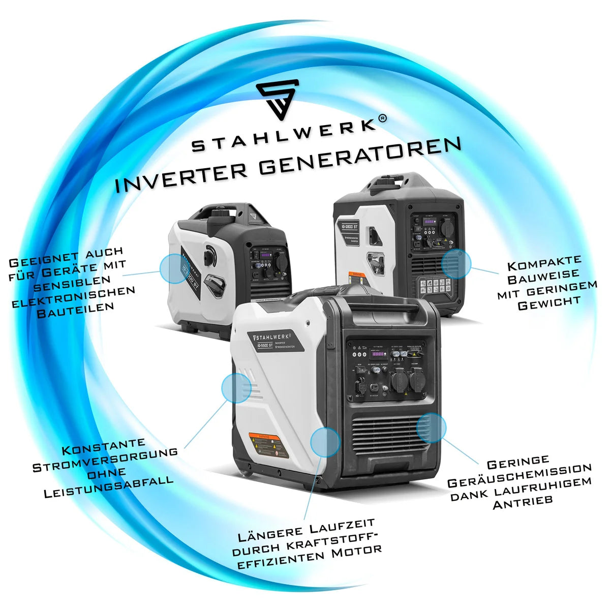 STAHLWERK IG-4000 ST Benzin Generator 4 kW | 5,44 PS | Inverter Stromgenerator | Multi-Versorgungs Generator | Notstromaggregat, 4-Takt, 5-Verbraucher-Anschlüsse, verbrauchseffizient und wartungsarm