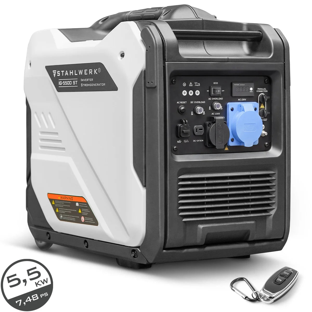 STAHLWERK IG-5500 ST Benzin Generator 5,5 kW | 7,48 PS | Inverter Stromgenerator | Stromerzeuger | Notstromaggregat mit Fernbedienung & E-Starter, verbrauchseffizient und wartungsarm